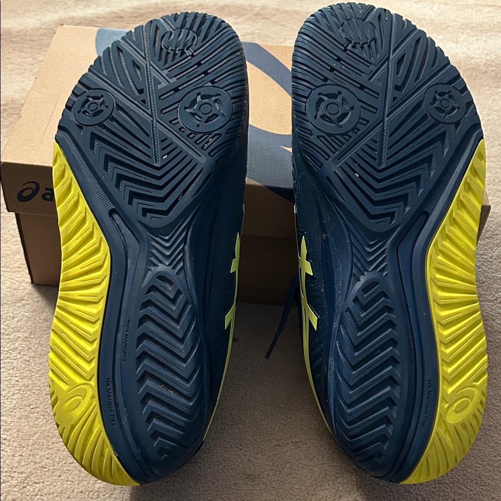 Men’s Asics Dark Blue and Bright Yellow Court Shoes - Picture 6 of 6
